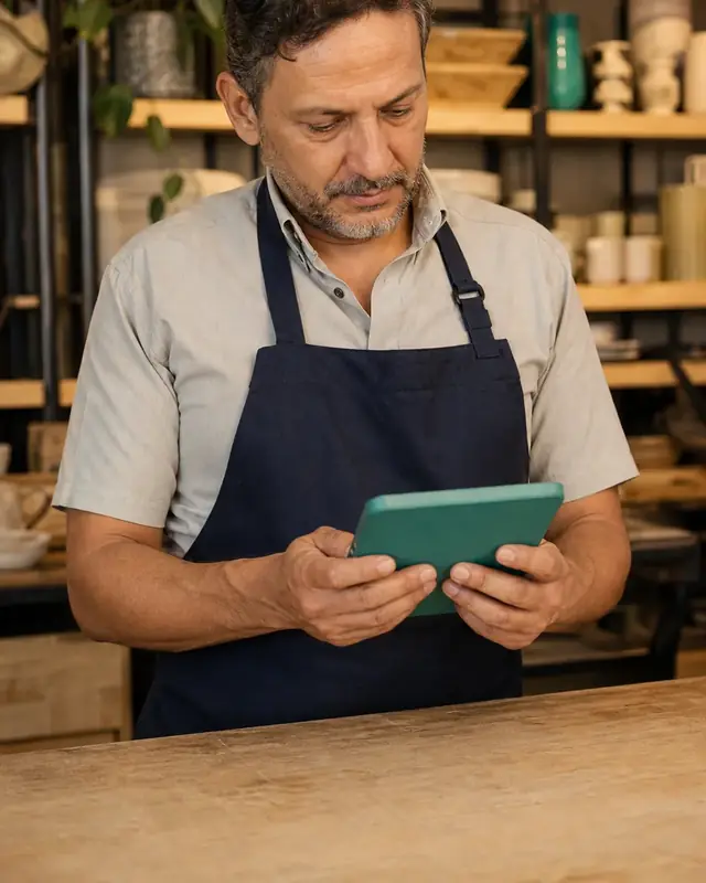 Cena ilustrativa: o dono de um pequeno negócio confere o tablet no balcão