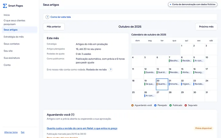 Calendário de Seus artigos no mês, com os artigos publicados, o que aguarda revisão e os agendados para os próximos dias úteis