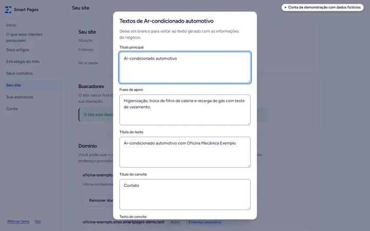 Formulário com os textos de uma página de serviço: título principal, frase de apoio e títulos das seções