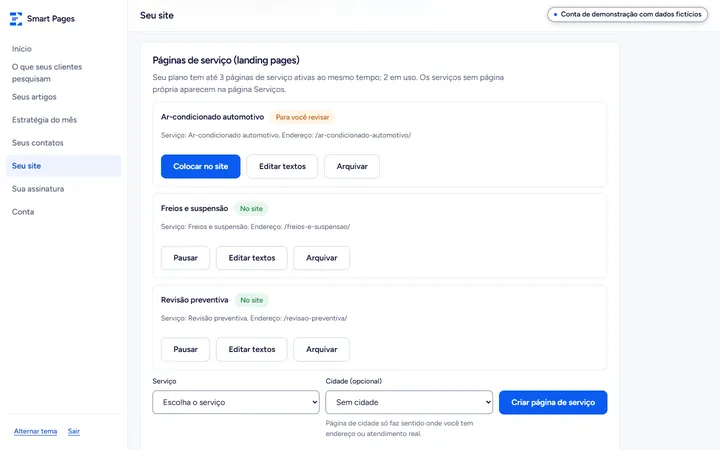 Páginas de serviço da conta: duas no site e uma esperando revisão, com os botões de cada uma e o formulário para criar outra página de serviço